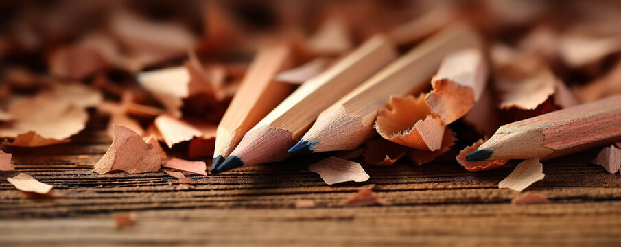Colorful pencils and wood shavings scattered on a rustic wooden table during an art session in a cozy studio
