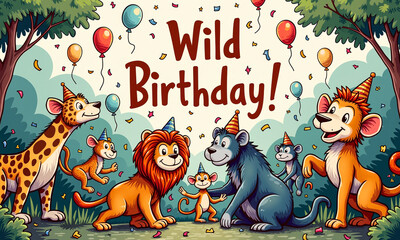 Whimsical group of animals wearing party hats and celebrating together.