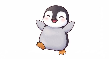 Fototapeta premium 幸せペンギン 水彩画風 愛らしい笑顔 飛び跳ねる 優しい光. AI Generated
