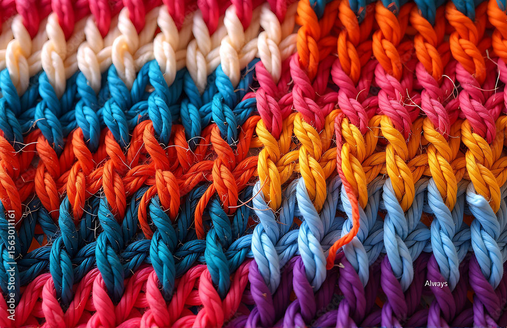 Poster colorful textured fabric multicolored yarns woven together create vibrant intricate visual effect kn