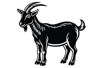 A detailed silhouette of a goat with prominent horns stands isolated on white