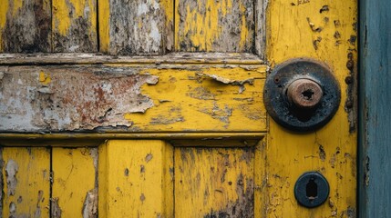 A close up of a weathered yellow door with peeling paint and a rusty doorknob and keyhole detail