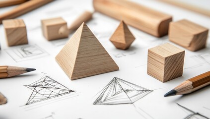 Wooden geometric shapes and architectural sketches on paper