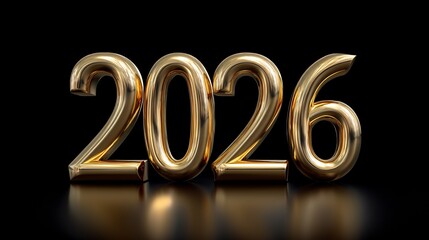 Elegant golden 2026 numerals on a reflective black surface for New Year