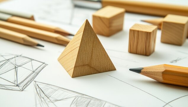 Light-colored wooden pyramid and geometric shapes on sketchpad