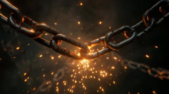 Rusty metal chain broken link glowing sparks flying symbolizing strength resilience tension breaking point dark background close up dramatic embers light