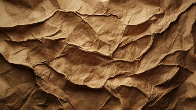 Crumpled brown paper texture featuring layered wrinkles and folds with natural rough surface, abstract pattern of creases and shadows evoking warm earthy tones and tactile rustic feel