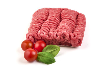Ground Beef, Tomatoes, Basil, isolated on white background