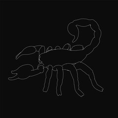 A black and white scorpion drawing stands out with crisp white outlines against a dark background. The detailed illustration highlights the creature's segmented body, curved tail.
