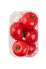 Red Tomatoes in Plastic Container, isolated on white background