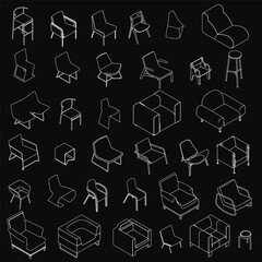 A set of stylish armchairs arranged neatly on a black background, each with unique designs. The white chairs contrast sharply against the dark backdrop, highlighting their elegant forms.