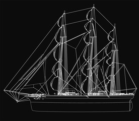 A tall ship with billowing sails is rendered in a detailed black and white 3D model, capturing the essence of classic sailing. The realistic textures and dynamic composition evoke the power of wind.