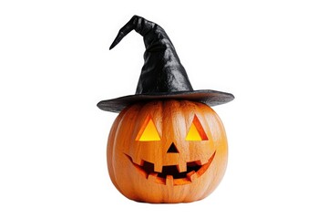 A carved halloween pumpkin with a black witch hat and glowing orange interior isolated on white background