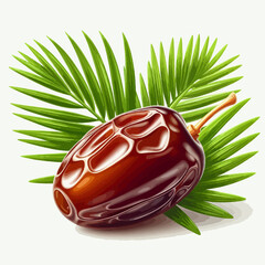 Digitally created image of a date fruit, complete with detailed texture and vibrant green palm leaves, set against a plain white background.