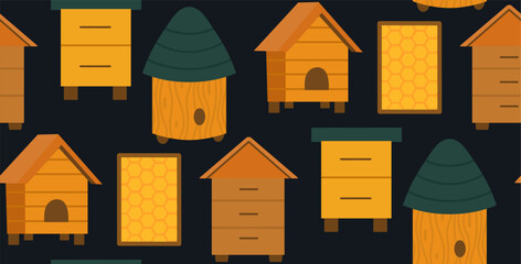 Vector beekeeping seamless pattern. Texture with houses for bees, apiaries, beehive, honeycombs in frames
