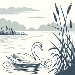 Obraz premium A swan gracefully glides on a tranquil lake surrounded by reeds
