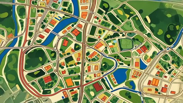Colorful aerial map of a vibrant urban area with parks, rivers, and roads, showcasing city layout