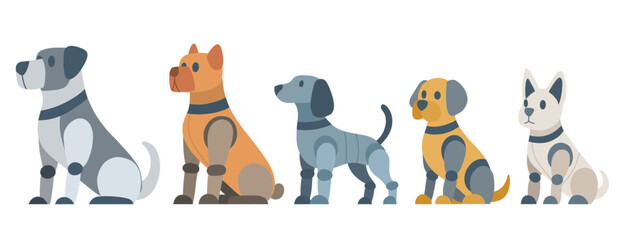 Vector set of mechanical dogs various breed in flat style. Collection of robot puppies. Animals of the future