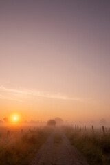 A tranquil and peaceful scene of a beautiful sunrise gradually breaking through the thick fog on a secluded rural path