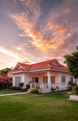 A photo of the exterior front view, with white walls and a red roof of a one-story new house in Thailand. There is a balcony on the right side and a small window in the top left corner. The sky has so