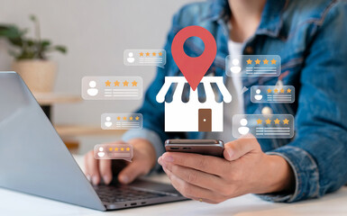 Customer using a smartphone to check online reviews and star ratings for a local business.