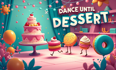 Festive dessert scene with pink cake, donuts and cheerful atmosphere.
