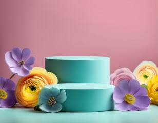 Pale turquoise empty podiums on pink background with turquoise, purple and yellowl buttercup flowers. Generated image