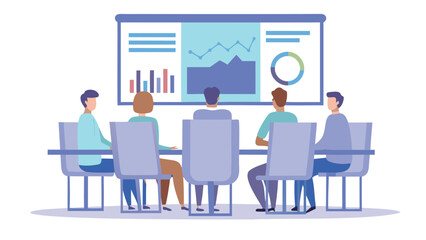 People in a meeting looking at charts and graphs on a screen in a conference room setting shown here