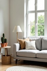 Fototapeta premium Serene Living Room Interior Design Featuring a Light Gray Sofa, Soft Cushions, and a Floor Lamp Beside a Side Table with Potted Plants