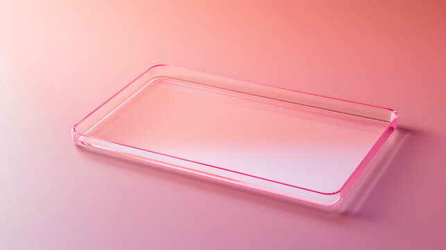 Close-up shot of a clear, rectangular petri dish on a gradient pink surface.