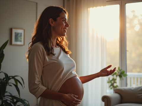 A pregnant woman enjoys the warmth of sunlight in her home, symbolizing the intersection of aging population and technology, where modern spaces embrace family growth and development