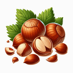 Vibrant graphic illustration of whole and broken hazelnuts, surrounded by fresh leaves, against a plain white background.