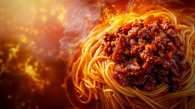 Hot spaghetti with rich meat sauce in warm glowing light