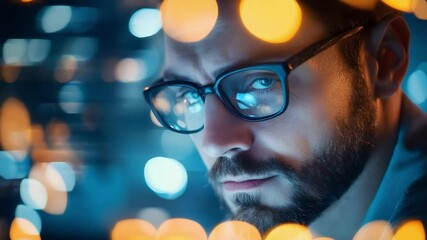 A close-up of a man wearing glasses with a blurred, colorful bokeh background, creating a dramatic and focused effect.