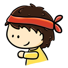 Boy with headband stretches out hand color cartoon illustration