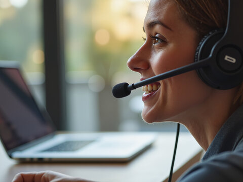A woman with a headset is smiling while working on a laptop in a modern office. The image symbolizes the intersection of aging population and technology, showcasing communication in the digital age - Powered by Adobe