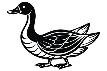 A minimalistic cartoon of a goose with bold outlines stands isolated against white