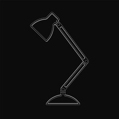 A sleek black and white line drawing of a modern desk lamp with a curved arm and round base. The lamp features a slightly curved shade emitting soft, warm light against a black background.