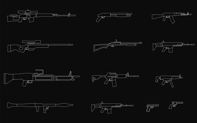 Assault rifles in various models displayed on a black background with crisp white outlines. The stark contrast highlights their distinct shapes and details.