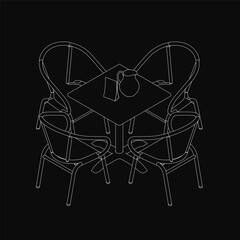 A wooden table with four matching chairs arranged around it, featuring a simple yet elegant black and white line drawing style. A slender jug stands on the table, enhancing the minimalist composition.