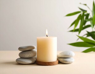 Zen Still Life with Smooth Stones and Bamboo Leaves