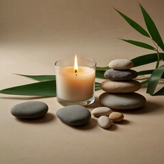 Zen Still Life with Smooth Stones and Bamboo Leaves