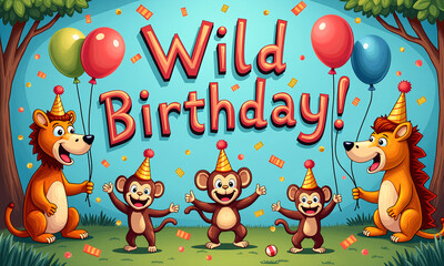 Cute animal characters celebrating a wild birthday with balloons and hats.