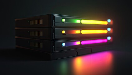 Stacked server racks with glowing indicators