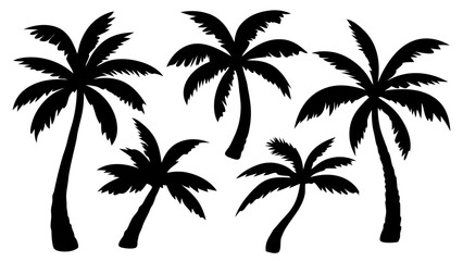Palm tree silhouettes set – black palm tree shape collection. Isolated tropical vector trees on white background. Perfect for summer, beach, jungle, and minimal design use