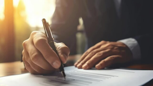 A man is writing on a piece of paper with a pen. He is wearing a suit and he is in a professional setting. Concept of formality and seriousness, as the man is writing something important