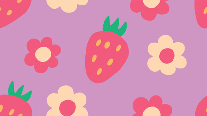 Seamless doodle background. Strawberry seamless doodle. set strawberries lying on white background. Minimalistic background with strawberries and flowers for kids