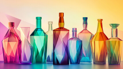 Colorful geometric glass bottles on gradient background