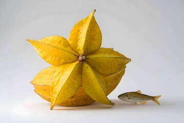 Fototapeta premium Vibrant starfruit next to a small fish on a light background, showcasing nature's bounty and harmony