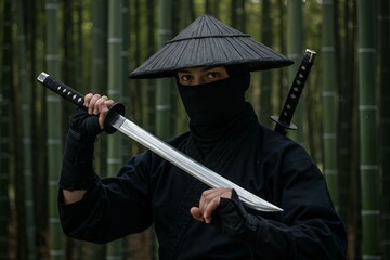 笠を被り刀を構える忍者